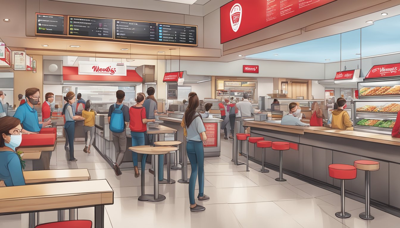 A bustling Wendy's restaurant with modern technology integrated into the ordering process and engaging customer interactions