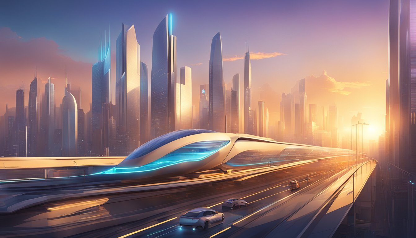 A sunrise over a futuristic city skyline with sleek, modern buildings and advanced transportation systems