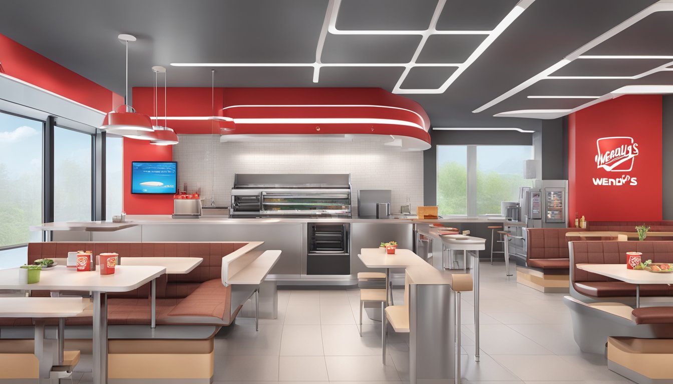 A futuristic Wendy's A.M. location with sleek, ergonomic design and innovative technology, featuring efficient kitchen and ordering systems, and comfortable seating areas