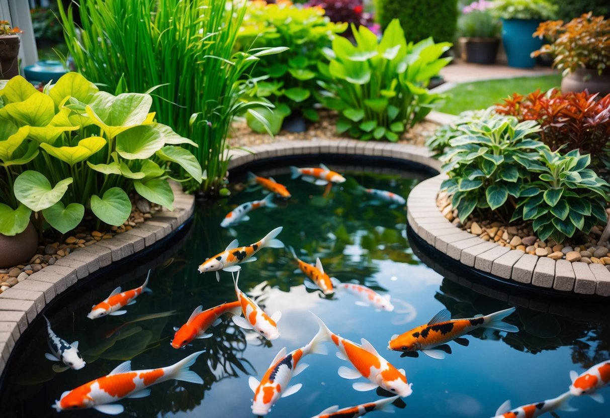 A serene koi pond with flourishing aquatic plants, clear water, and a healthy population of colorful koi fish