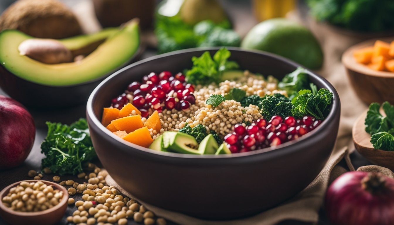 A vibrant harvest bowl with quinoa, sweet potatoes, kale, pomegranate, avocado, tahini swirls, and hemp seeds. Natural sunlight highlights the diverse colors and textures