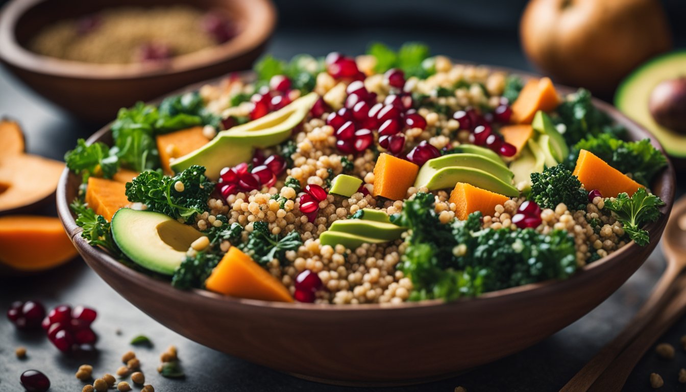 A vibrant harvest bowl filled with colorful quinoa, sweet potato, kale, pomegranate, and avocado. Tahini swirls and hemp seeds add texture. Sunlight highlights the diverse colors and textures