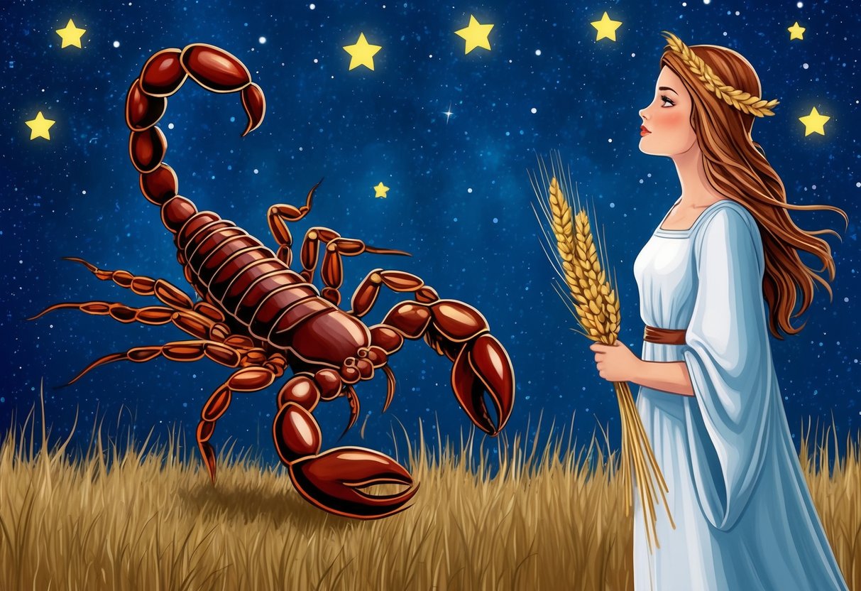 A scorpion and a maiden stand side by side, gazing at the stars. The scorpion's tail is raised, while the maiden holds a sheaf of wheat