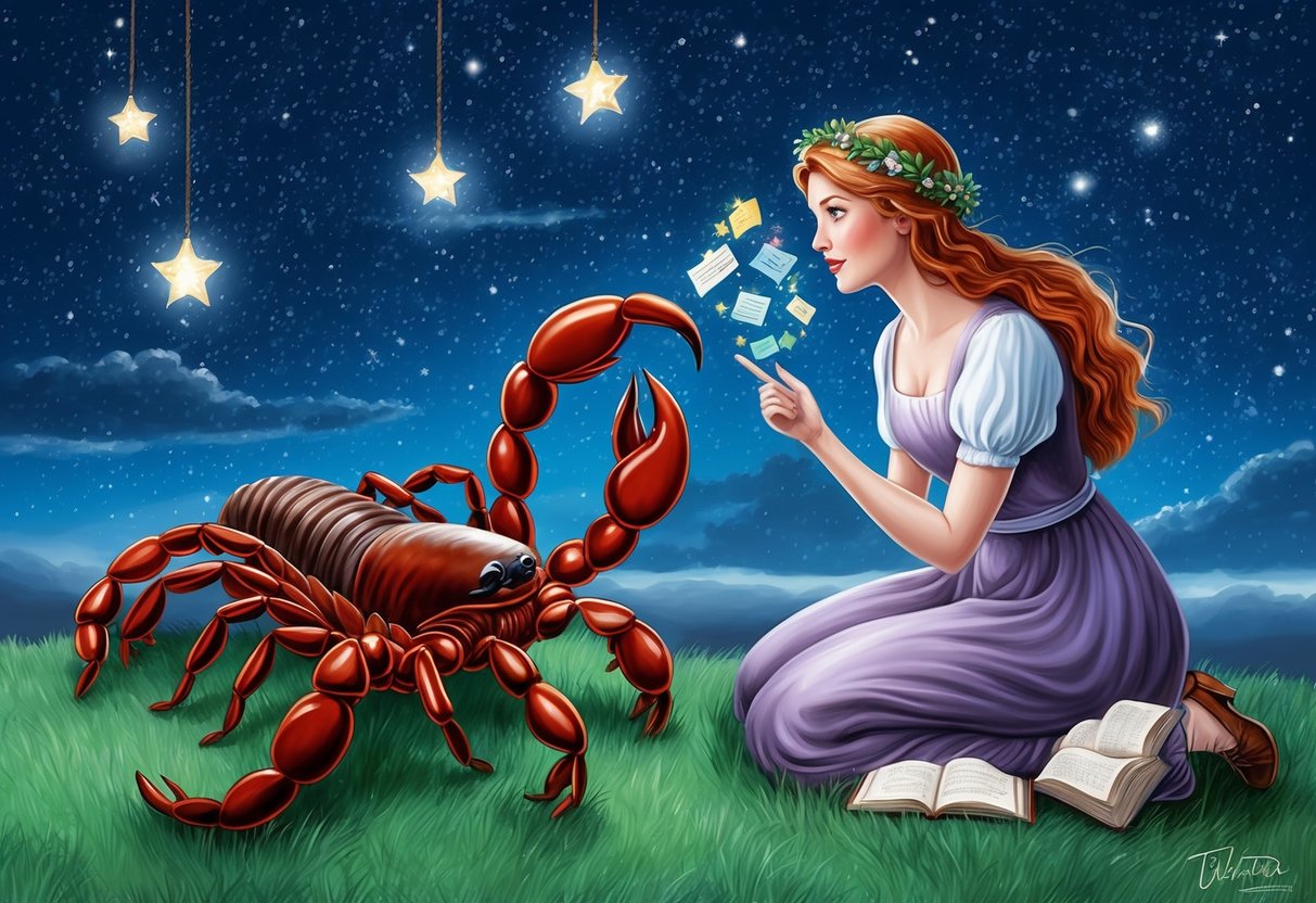 A scorpion and a maiden exchanging ideas under a starry sky