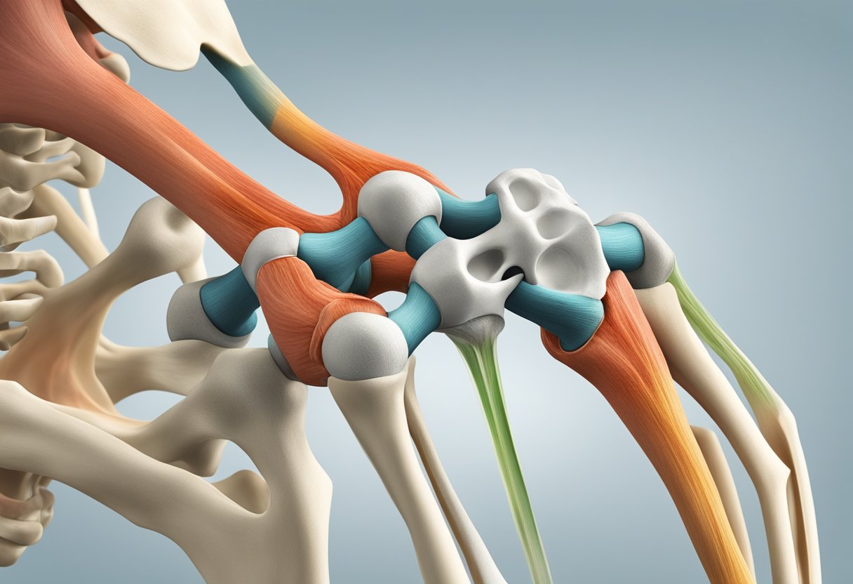 Un gros plan d'une articulation enflée avec rougeur et inflammation, entourée d'os et de ligaments.