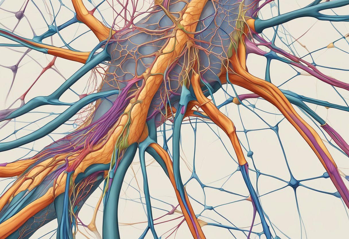 Une illustration colorée de joints enflammés entourés d'un réseau de nerfs et de vaisseaux sanguins interconnectés