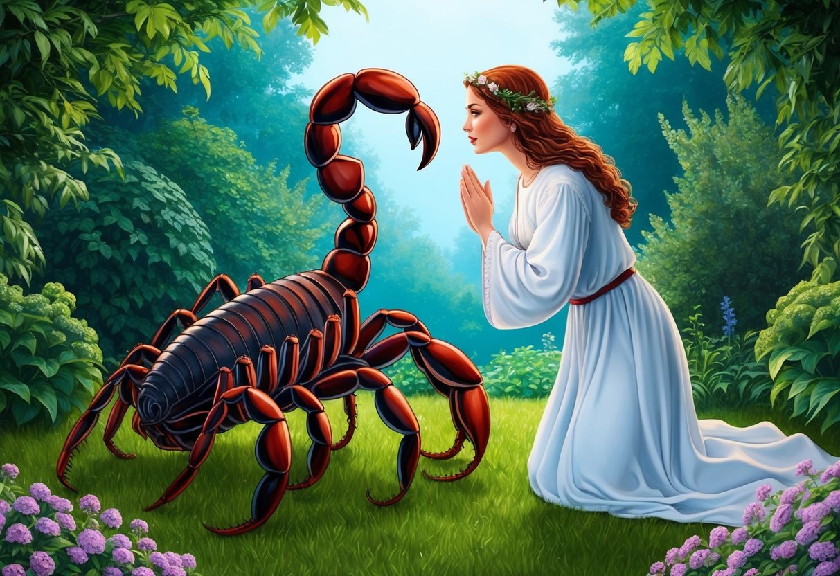 A scorpion and a maiden stand face to face, surrounded by a lush garden. The scorpion's intensity is met with the maiden's gentle and nurturing presence