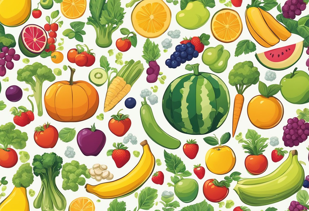 Une affiche vibrante représentant divers symboles de la santé et du bien-être, tels que des fruits, des légumes, des équipements de sport et un soleil souriant.