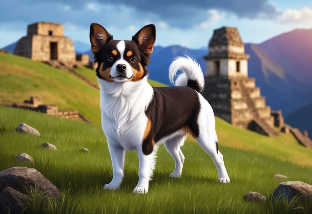 A Peruvian Inca Orchid dog standing proudly on a grassy hill, with ancient Incan ruins in the background