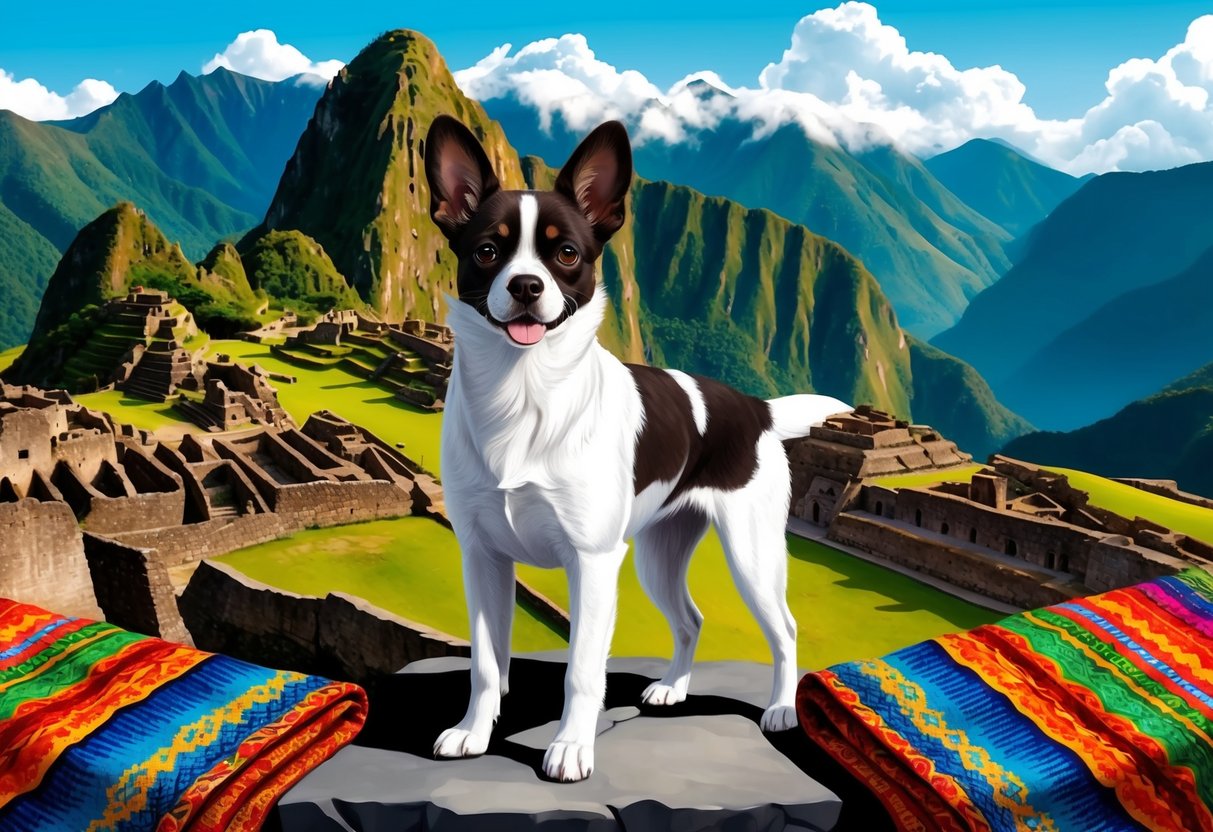 A Peruvian Inca Orchid dog stands proudly beside ancient Inca ruins, surrounded by lush green mountains and colorful textiles