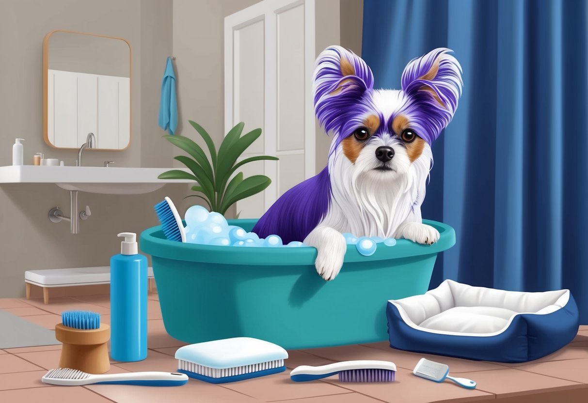 A Peruvian Inca Orchid dog being pampered with a gentle brush and bath, surrounded by grooming supplies and a cozy bed