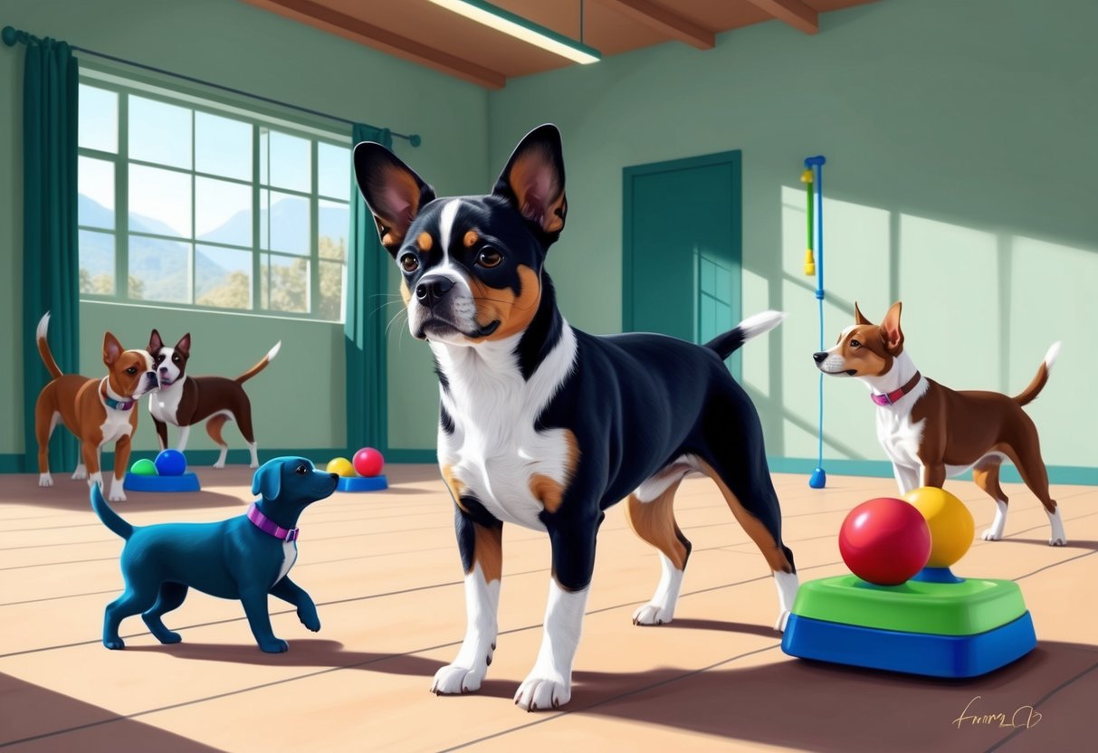 A Peruvian Inca Orchid dog undergoing training and socialization in a spacious, well-lit room with colorful toys and other dogs for interaction