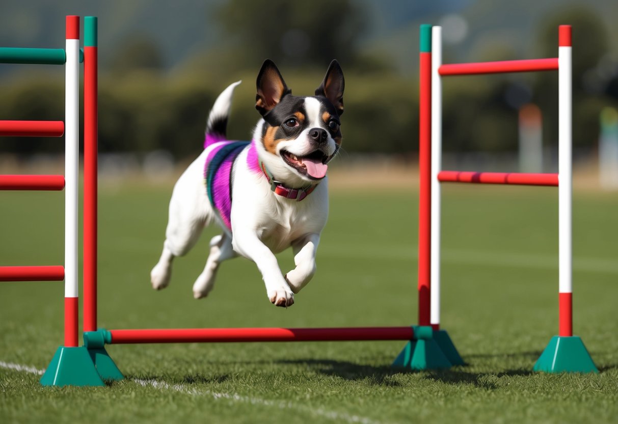 A Peruvian Inca Orchid dog running through an agility course, jumping over hurdles and weaving through poles