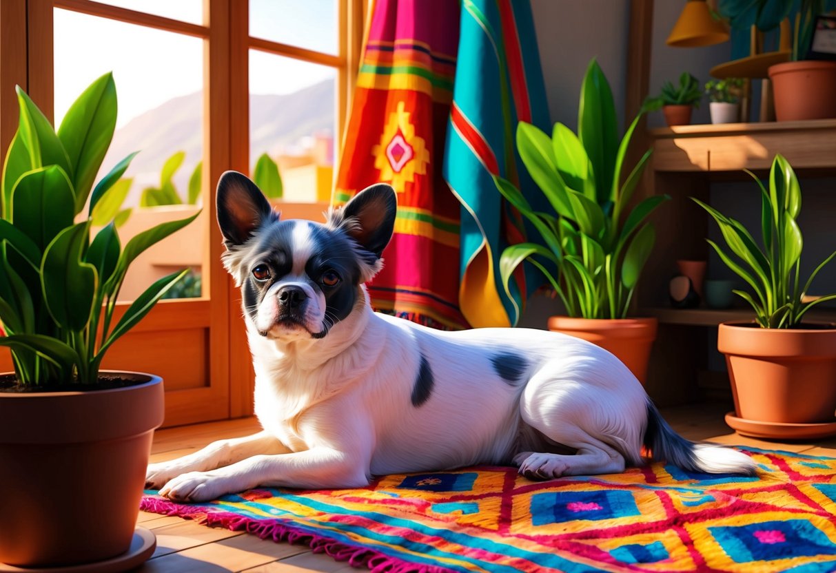 A Peruvian Inca Orchid dog lounging in a sunlit room with colorful textiles and potted plants