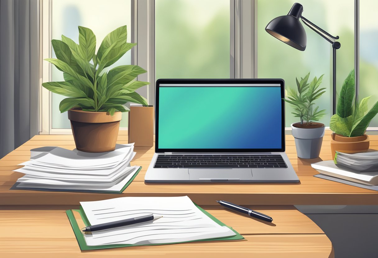 A wooden table with a laptop, papers, and a potted plant