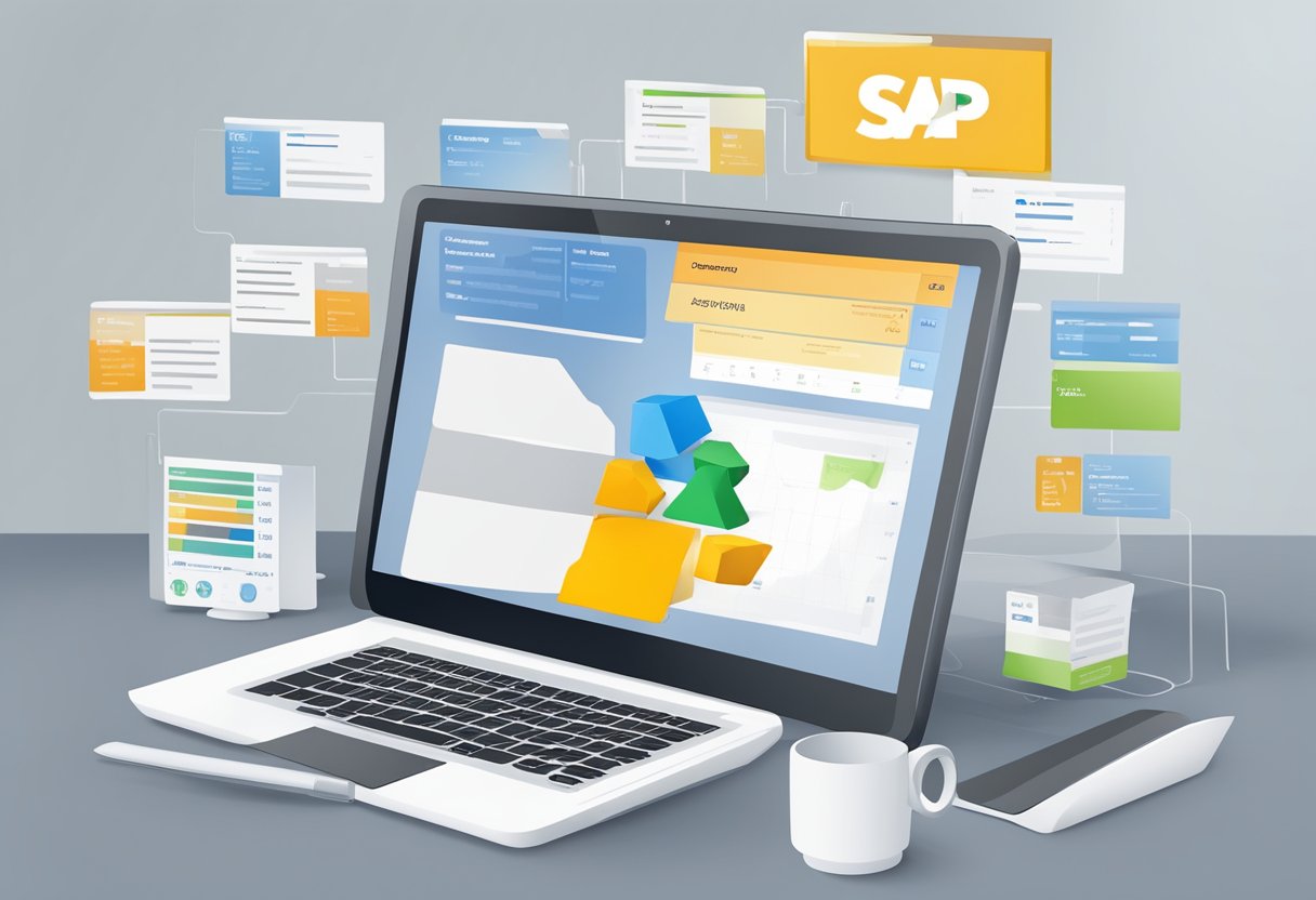 A computer screen displaying the integration of SAP CRM and ERP, with the SAP ausp table visible on the screen