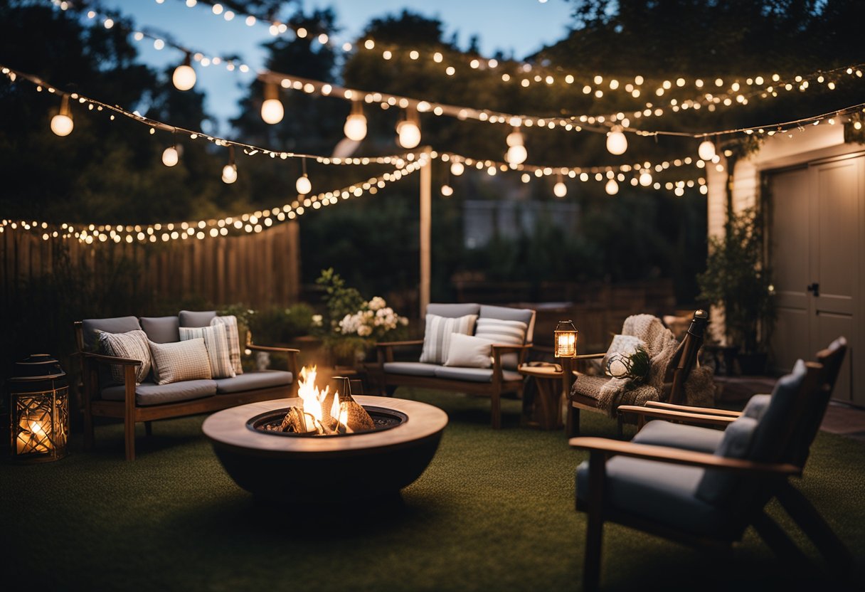 A backyard at night with string lights hung above a patio, lanterns on the ground, and a fire pit glowing warmly