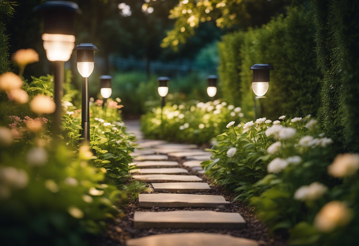 A garden with solar-powered path lights illuminating a winding path through lush greenery and blooming flowers