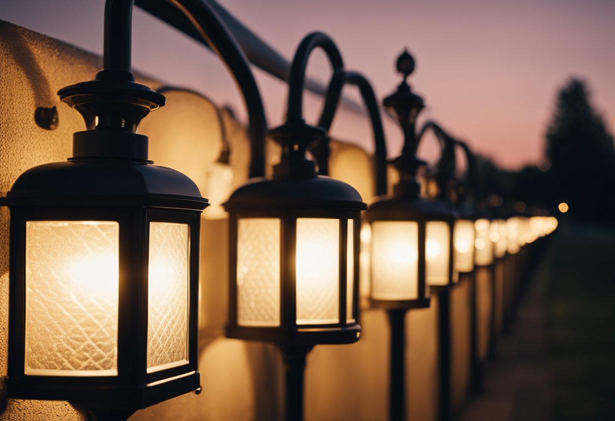 A row of vintage-style coach lights illuminating a pathway at dusk