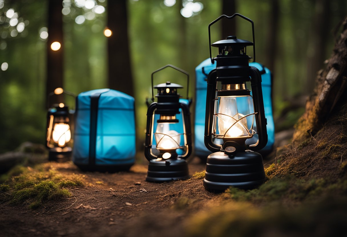 A group of portable LED camping lanterns illuminate a cozy outdoor campsite surrounded by trees and nature