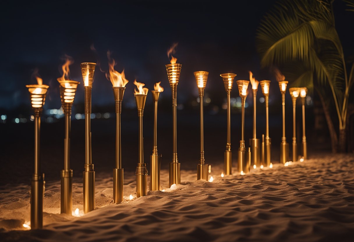 Several metal tiki torches illuminating an outdoor space at night