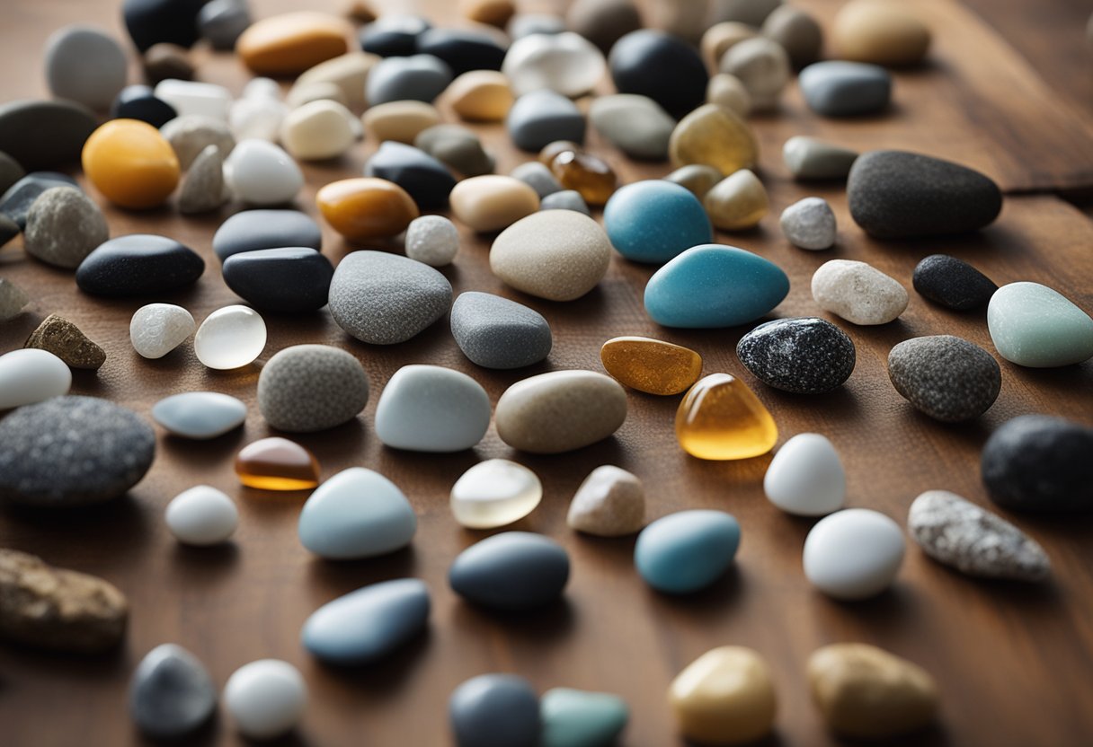 A collection of 16 rock project ideas displayed on a wooden table with various rock sizes, shapes, and colors