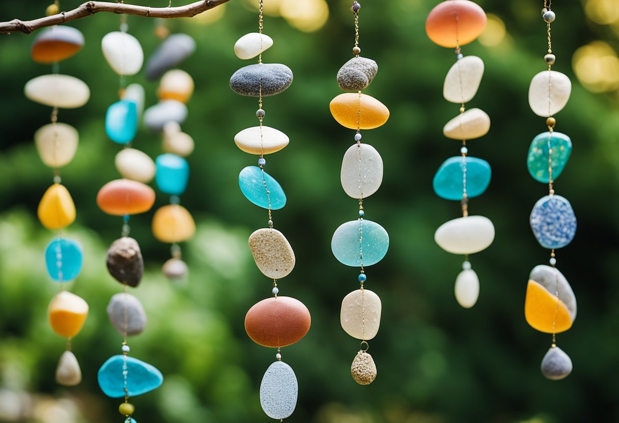 Colorful pebble wind chimes hanging from a tree branch, surrounded by various rock art projects in a garden setting