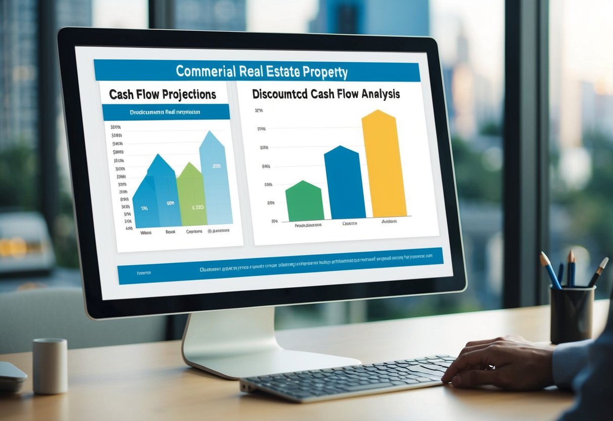 A California commercial real estate property with cash flow projections and a discounted cash flow analysis chart displayed on a computer screen