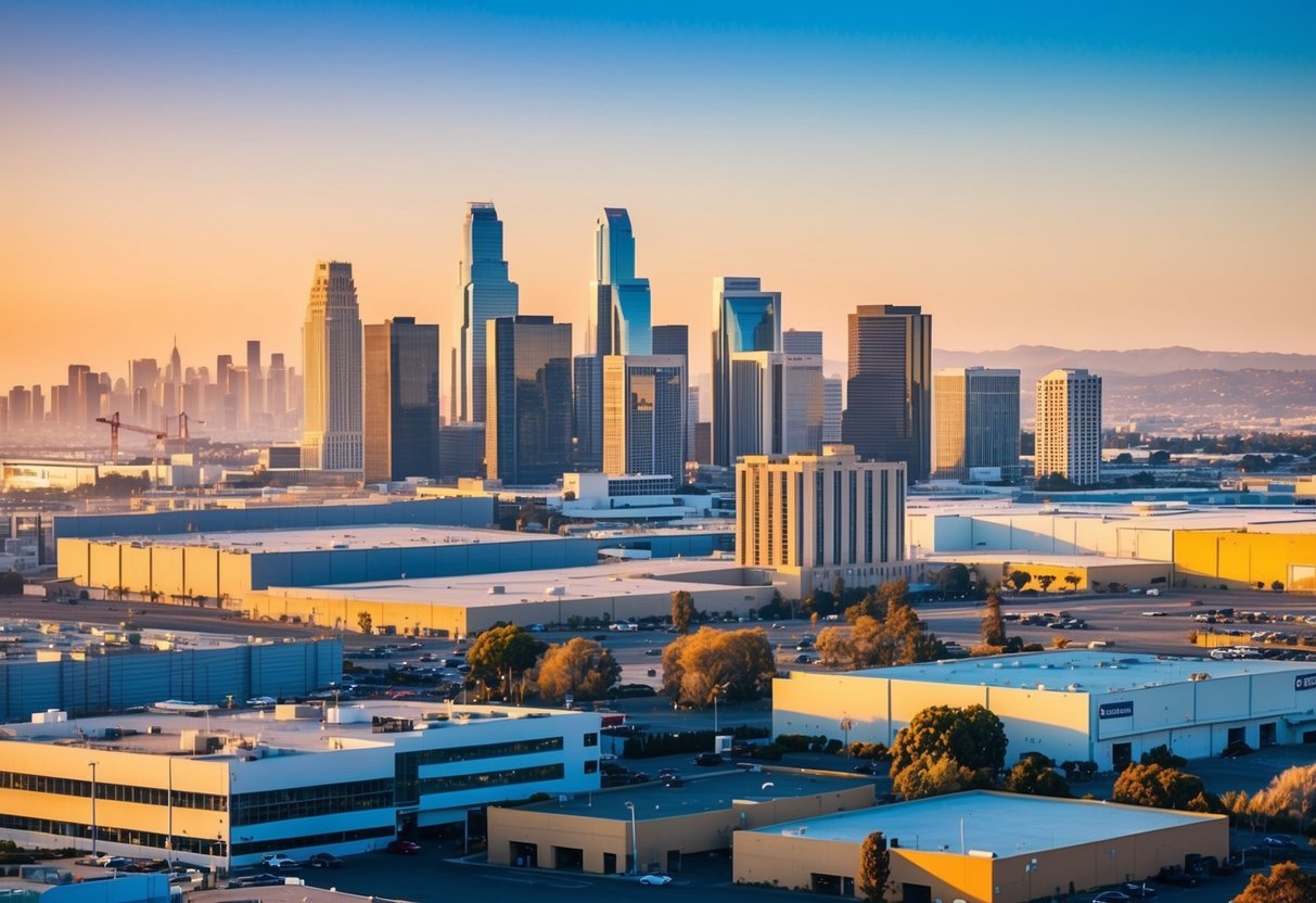 A bustling California city skyline with various commercial real estate properties, including office buildings, retail spaces, and industrial warehouses. The scene is bathed in warm sunlight, highlighting the importance of financial analysis in real estate investment decisions