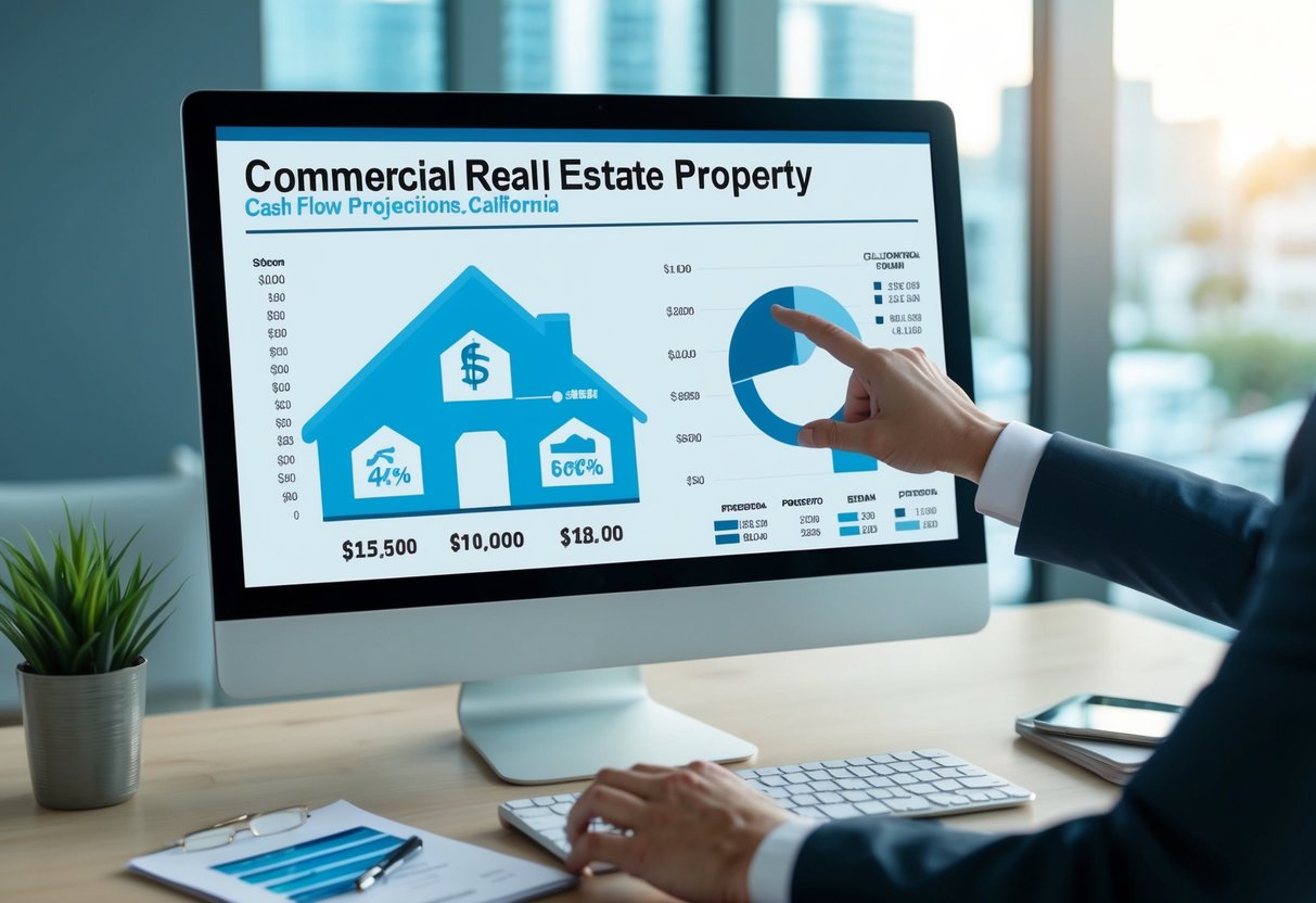 A commercial real estate property in California with cash flow projections and financial data being analyzed on a computer screen