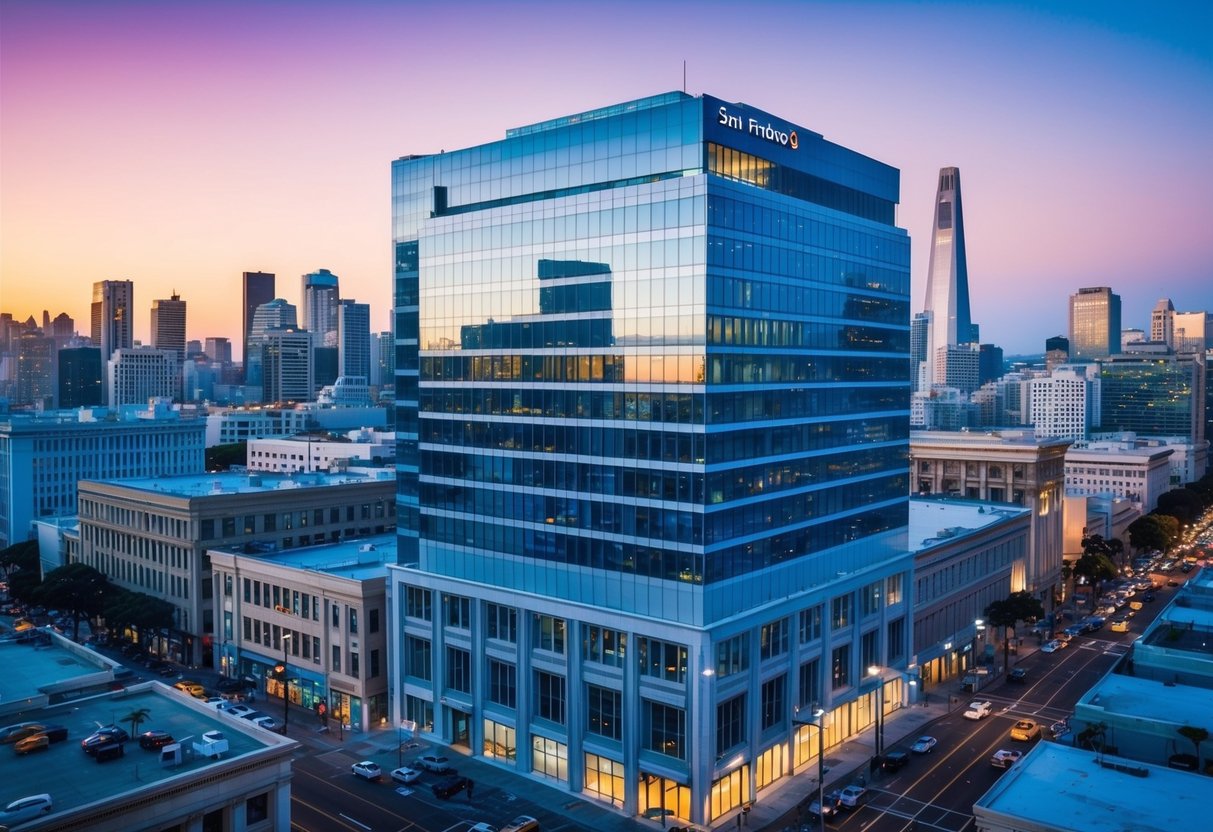 A modern office building in downtown San Francisco, surrounded by bustling streets and towering skyscrapers. The building's sleek design and glass facade reflect the vibrant energy of California's commercial real estate market