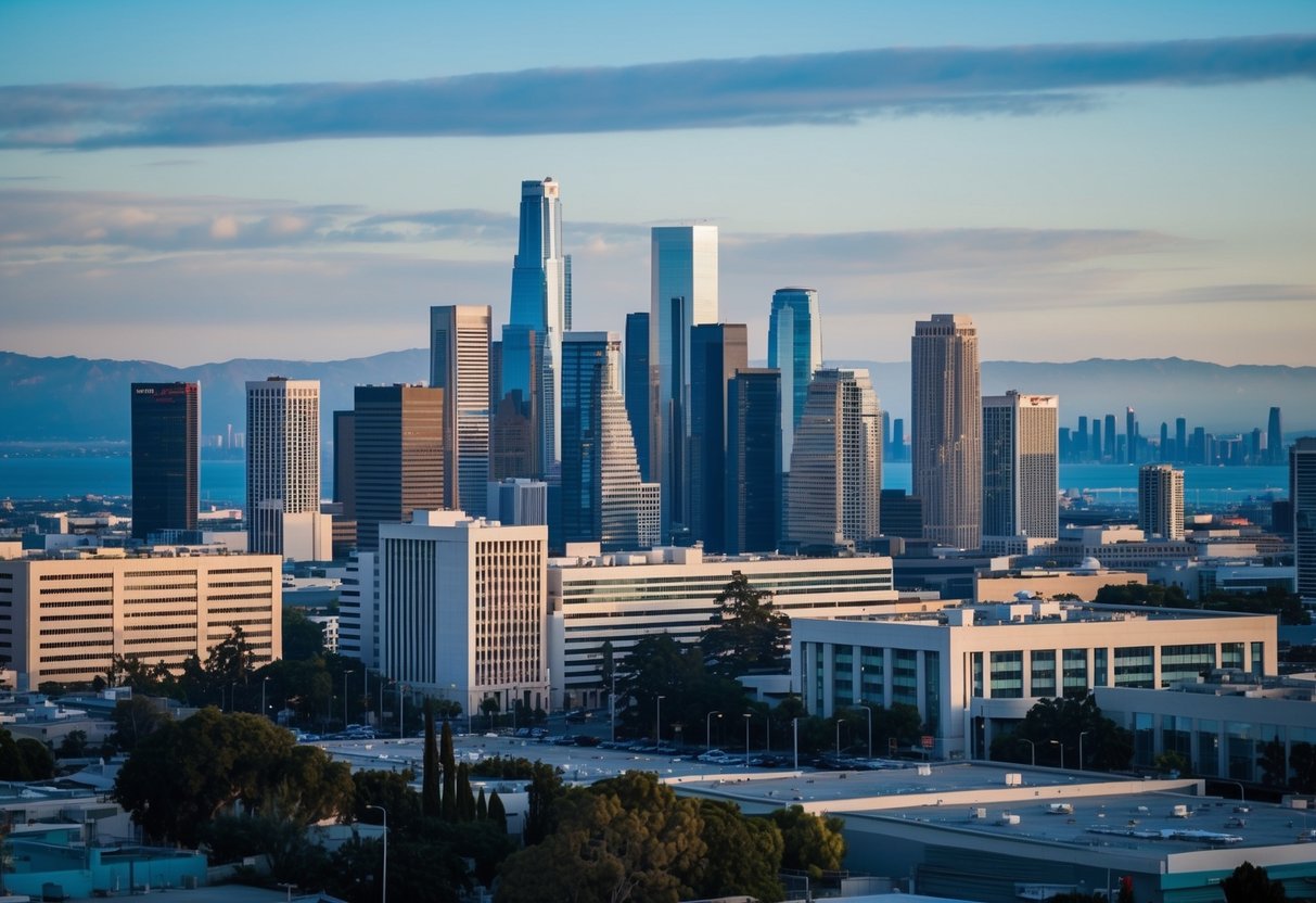 A bustling California city skyline with commercial real estate properties and financial charts in the background