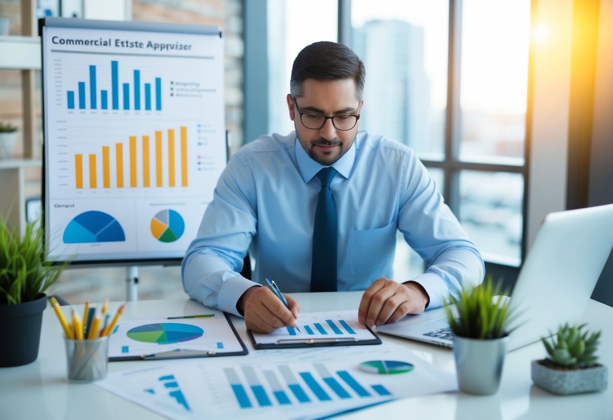 A commercial real estate appraiser sits at a desk, surrounded by charts, graphs, and financial reports. They carefully input data into a spreadsheet, calculating discounted cash flow analysis for property valuation