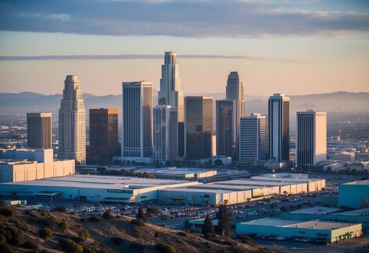 A bustling city skyline with various commercial buildings, including office towers, retail spaces, and industrial complexes, set against the backdrop of the California landscape