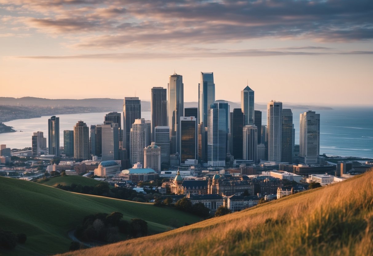 A bustling city skyline with a mix of modern and historic buildings, surrounded by rolling hills and a shimmering coastline