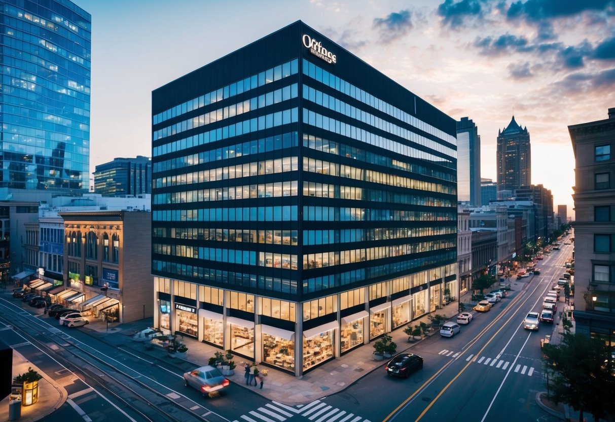 A modern office building surrounded by bustling city streets, with a mix of retail shops and restaurants at ground level