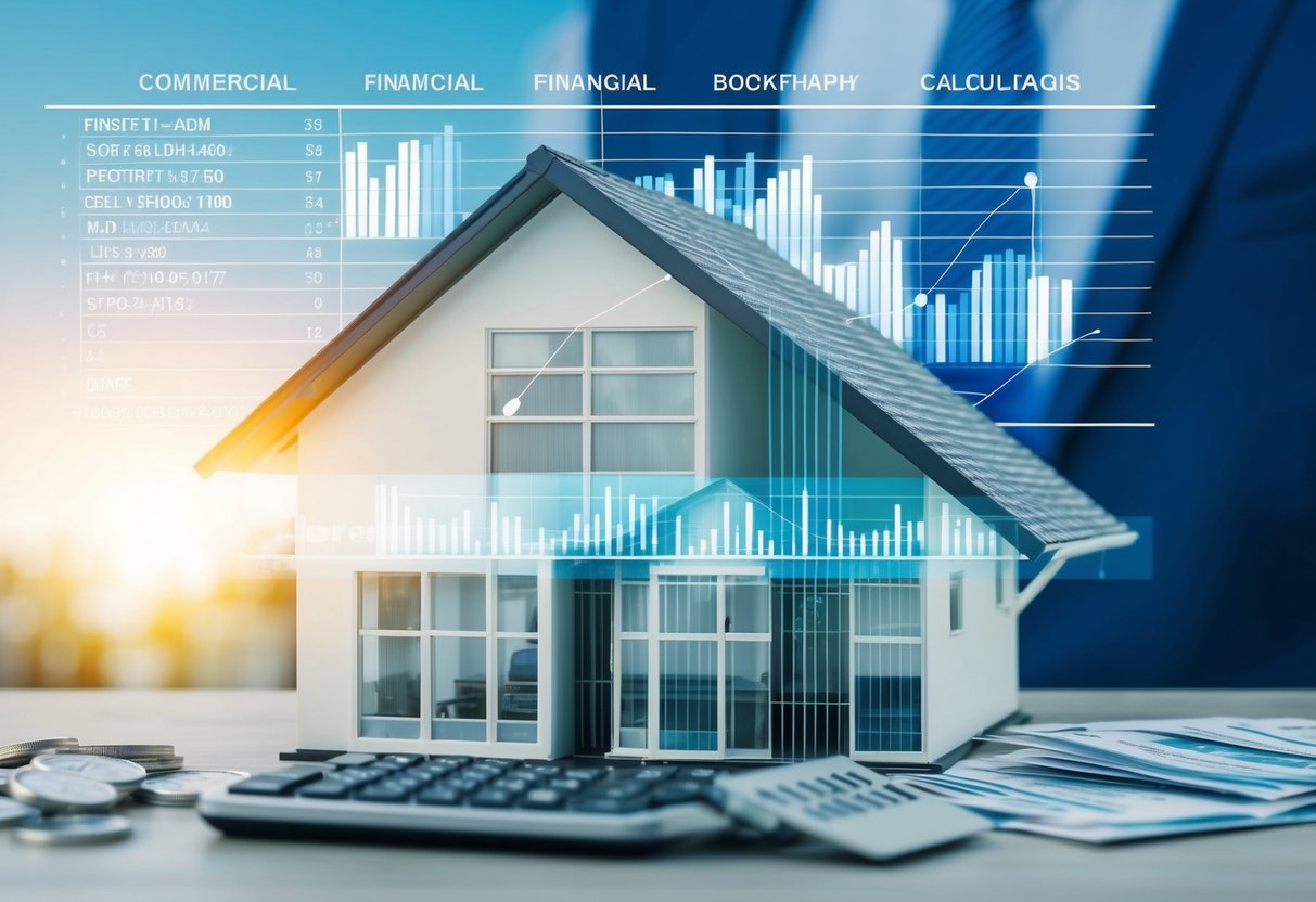 A commercial real estate property with financial data and calculations overlaid, showing the process of incorporating discounted cash flow analysis into investment decisions