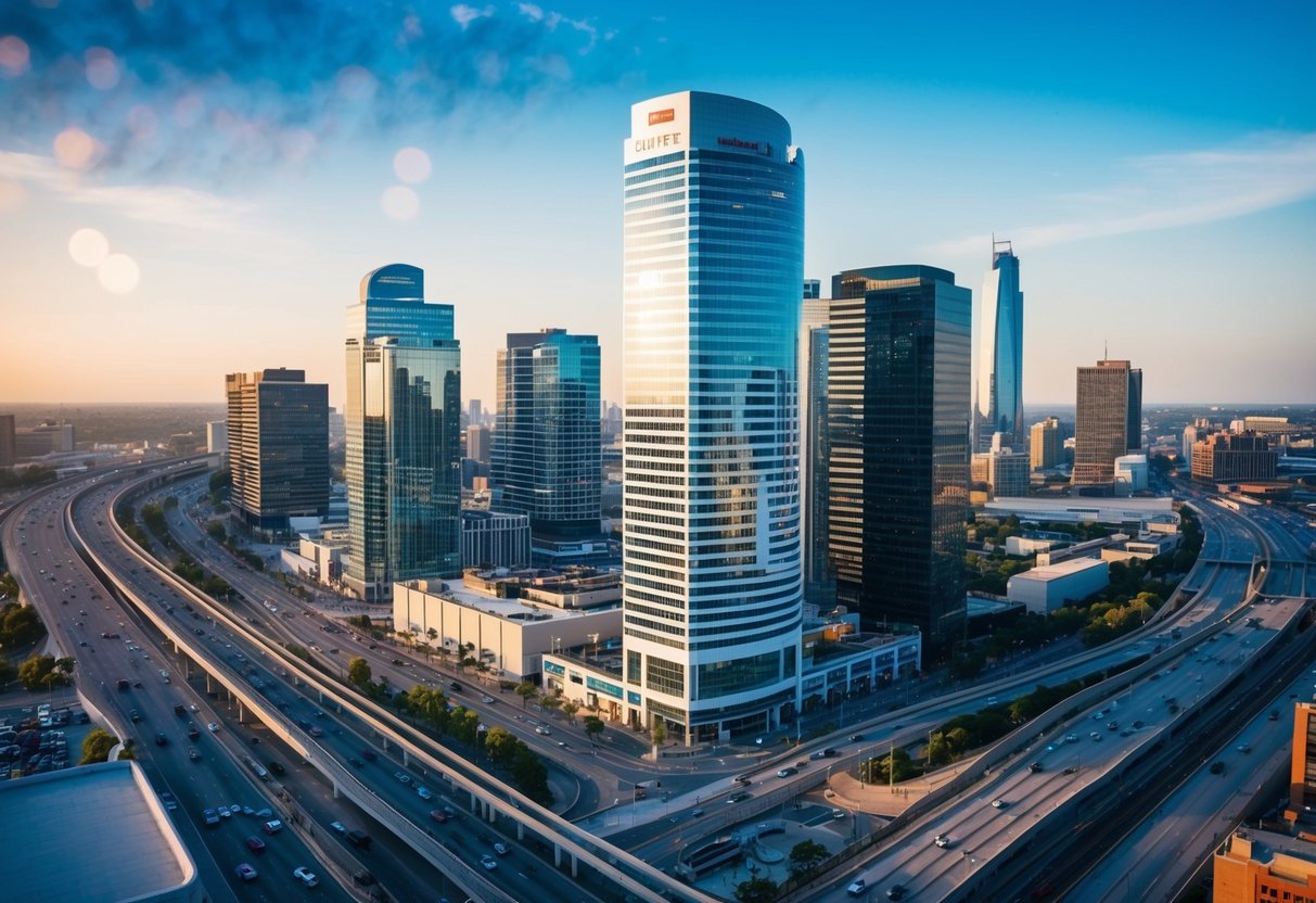 A bustling city skyline with modern office buildings and retail spaces, surrounded by busy streets and highways