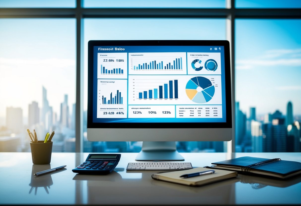 A modern office setting with a computer screen displaying financial data, charts, and graphs. A calculator, pen, and notebook are scattered on the desk. A large window overlooks a city skyline