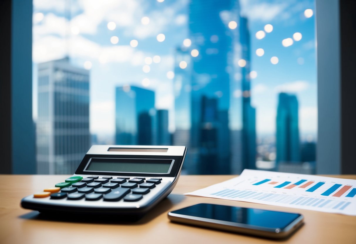 A calculator, financial charts, and a skyscraper in the background