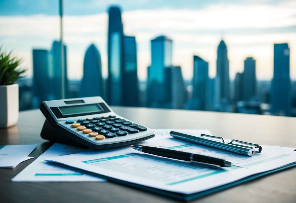 A calculator and financial documents scattered on a desk with a city skyline in the background