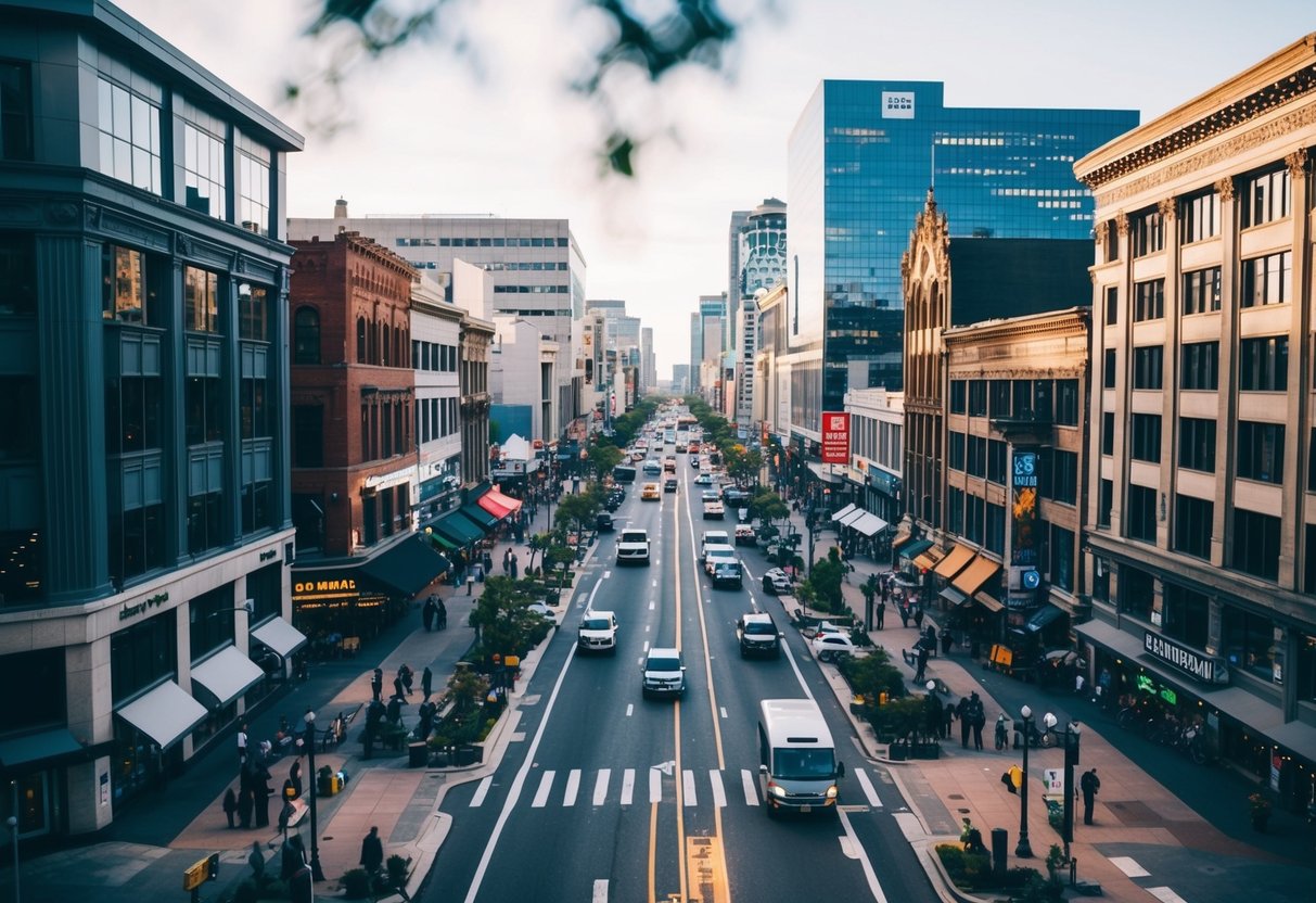 A bustling city street with a mix of commercial buildings, including offices, retail shops, and restaurants, surrounded by busy sidewalks and traffic