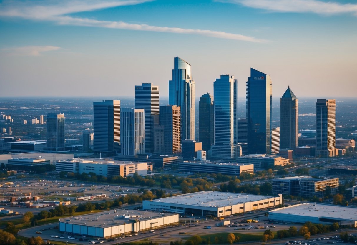 A bustling city skyline with a mix of commercial buildings and open land, showing the potential for development and the impact on real estate valuation