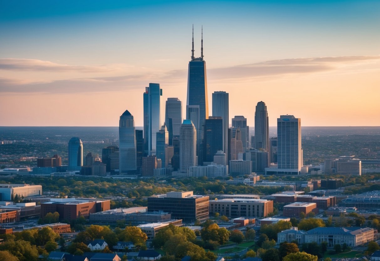 A city skyline with diverse buildings and landscapes, including urban and rural areas, with various factors influencing land use