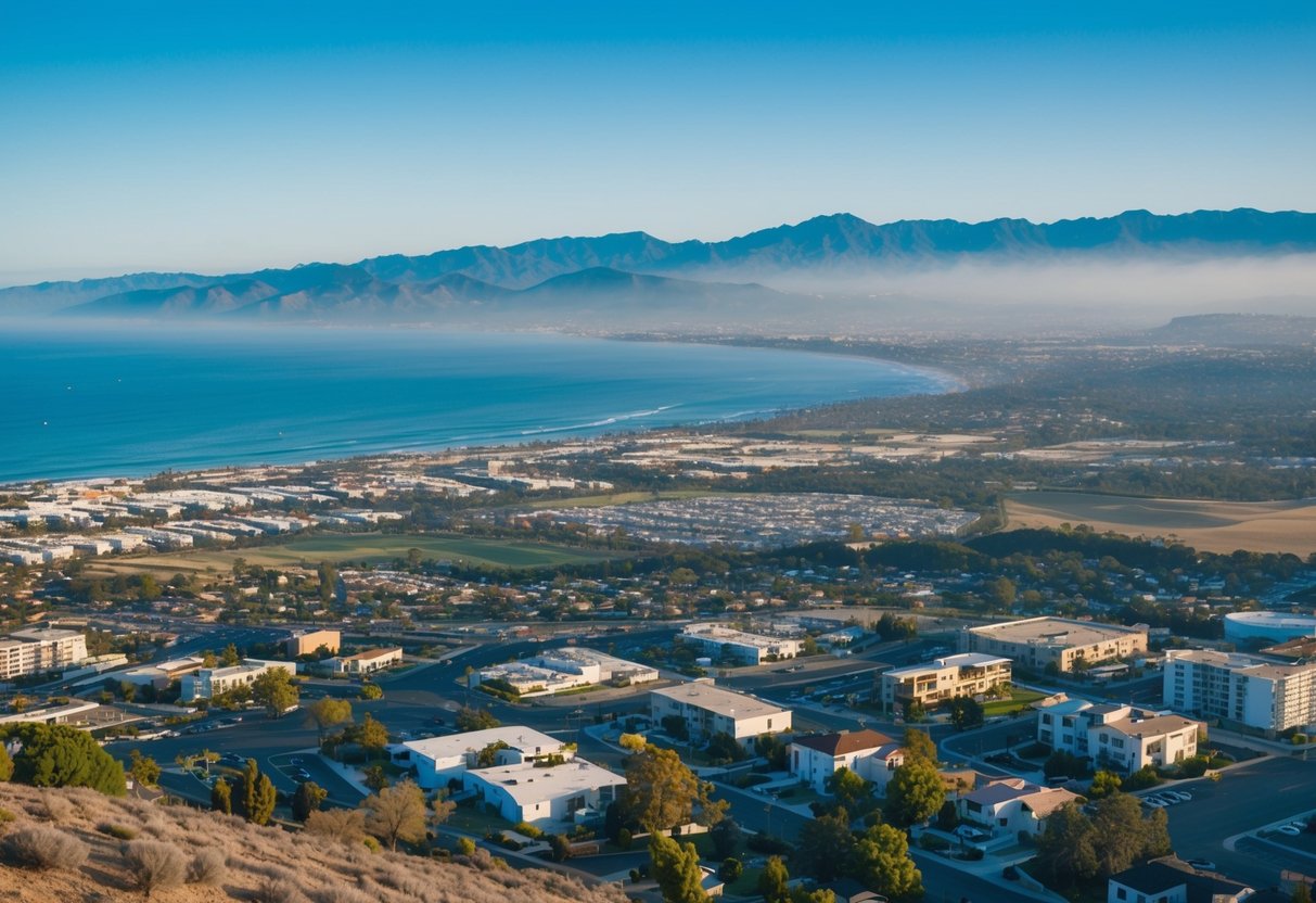 A sunny California landscape with diverse properties, including residential, commercial, and agricultural, surrounded by mountains and coastline