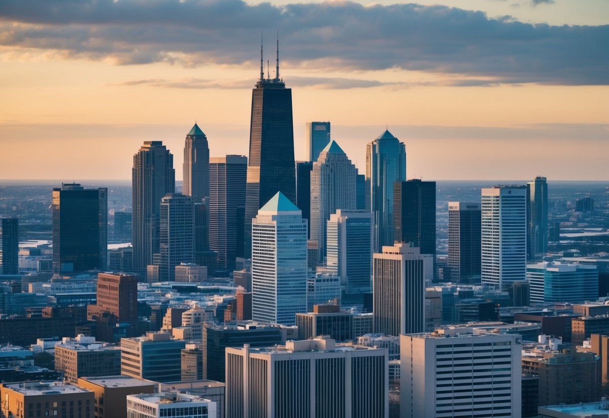 A bustling city skyline with a mix of commercial buildings and skyscrapers, showcasing the diverse and strategic use of real estate in the urban landscape