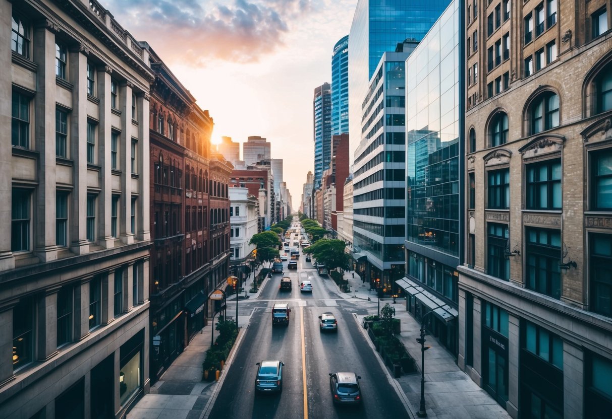 A bustling city street with a mix of old and new buildings, showcasing the impact of physical and economic factors on commercial real estate