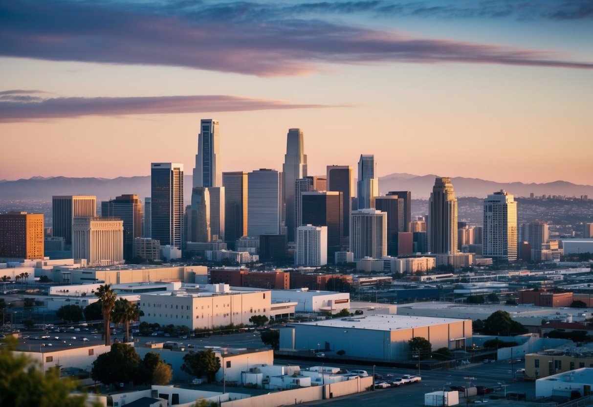 A bustling California city skyline with diverse buildings and a mix of residential, commercial, and industrial areas