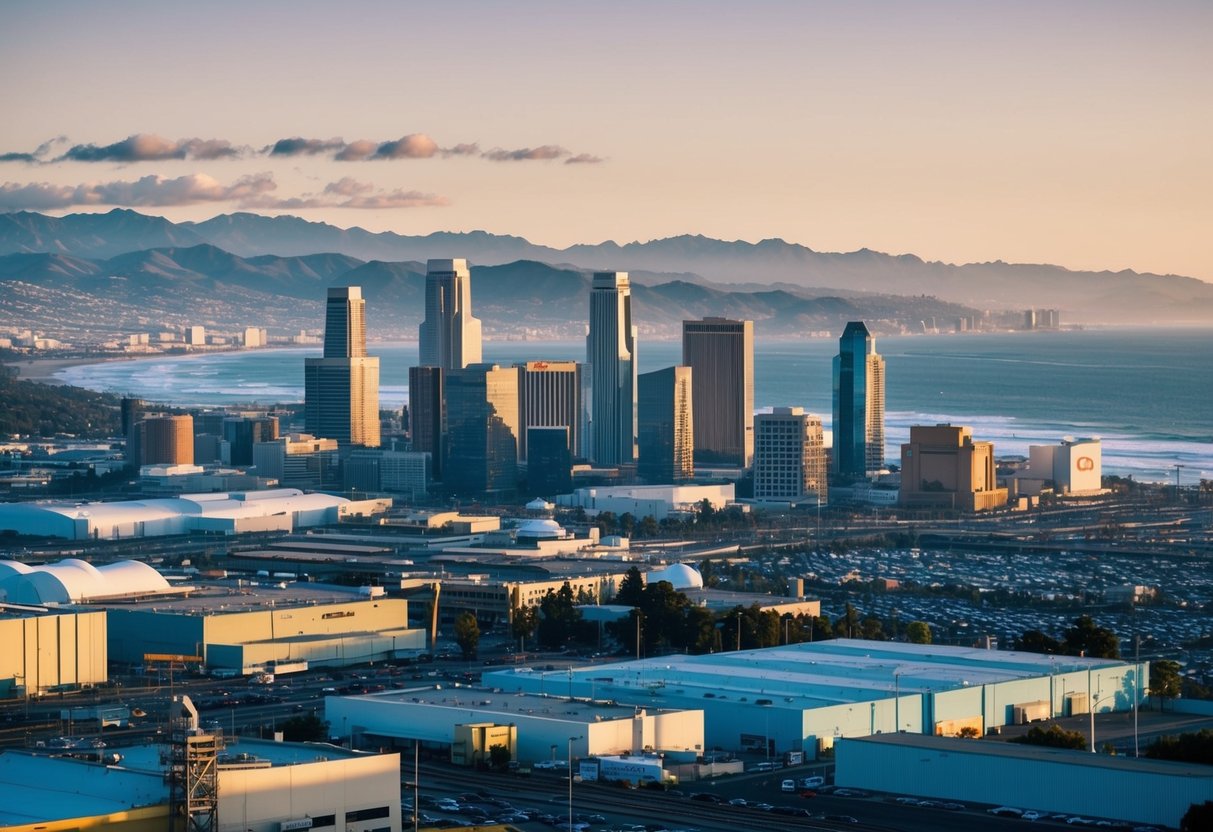 A bustling California city with diverse buildings and industries, surrounded by mountains and coastline, reflecting economic and market factors