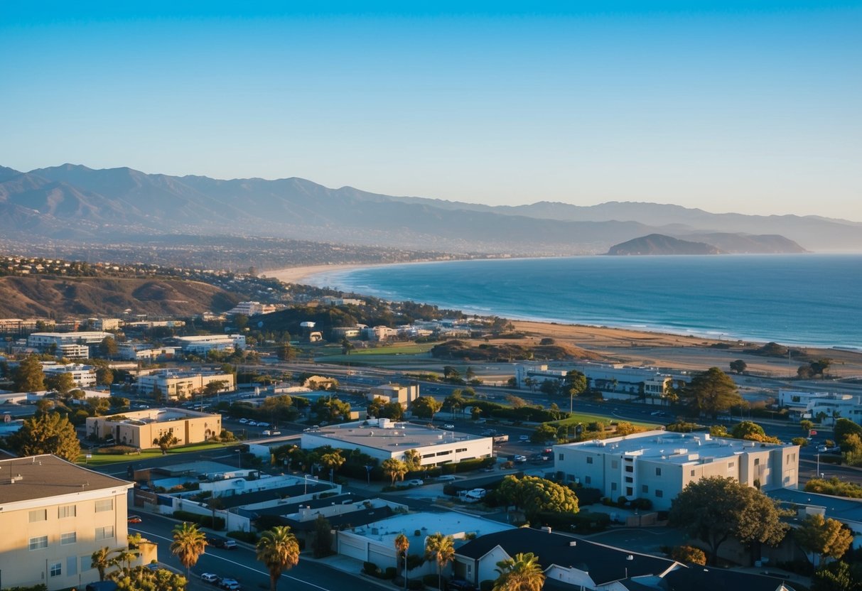 A sunny California landscape with a mix of urban and rural properties, including residential and commercial buildings, surrounded by mountains and coastline